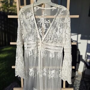 Long White Lace Swim Coverup Beach M